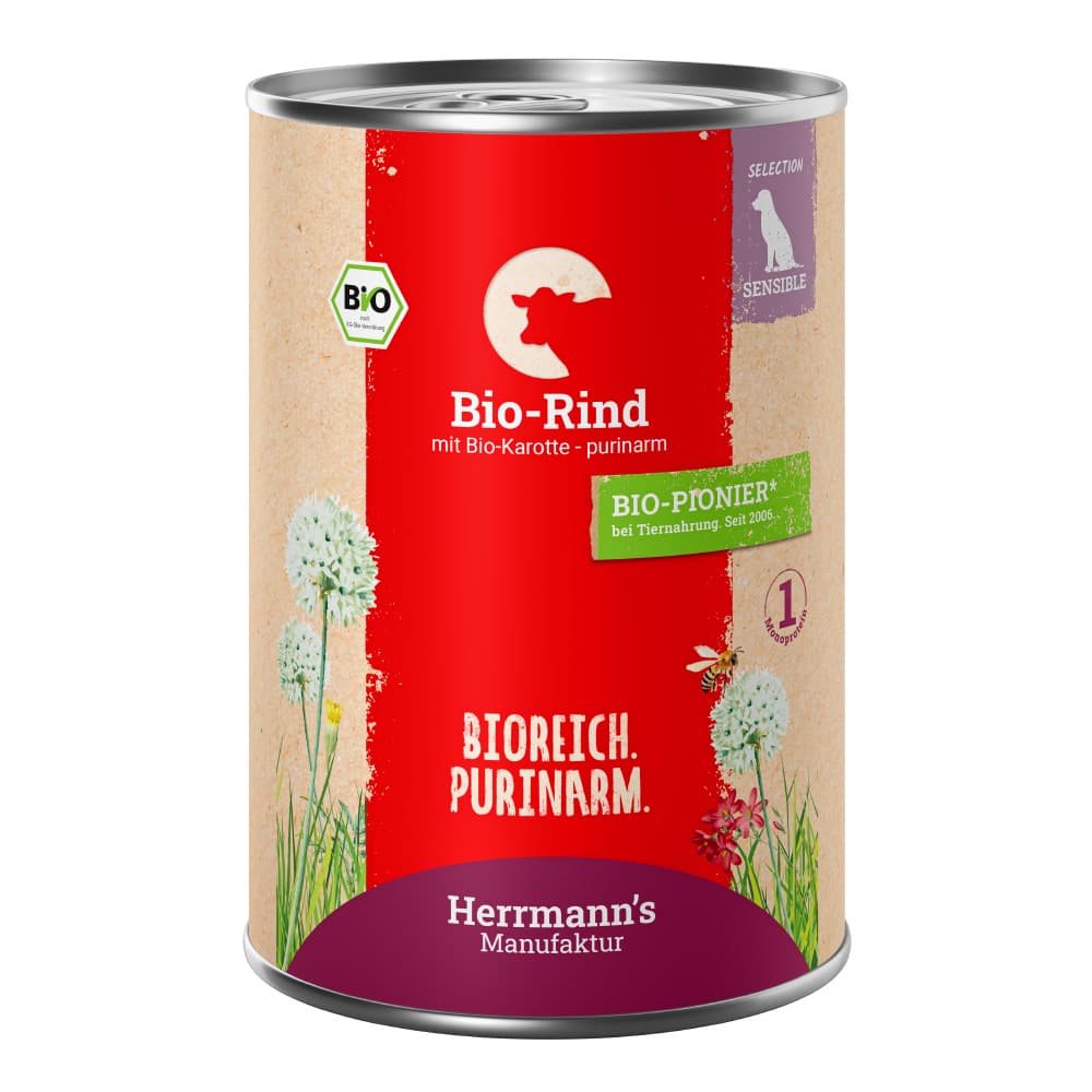 Herrmann's Selection Sensible 6 x 400 g pour chien - bœuf bio, carottes bio